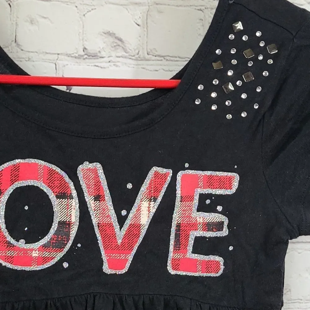 Justice Girls LOVE Plaid Glitter Rhinestone Stud Tunic Tee Black Size 10 Medium
